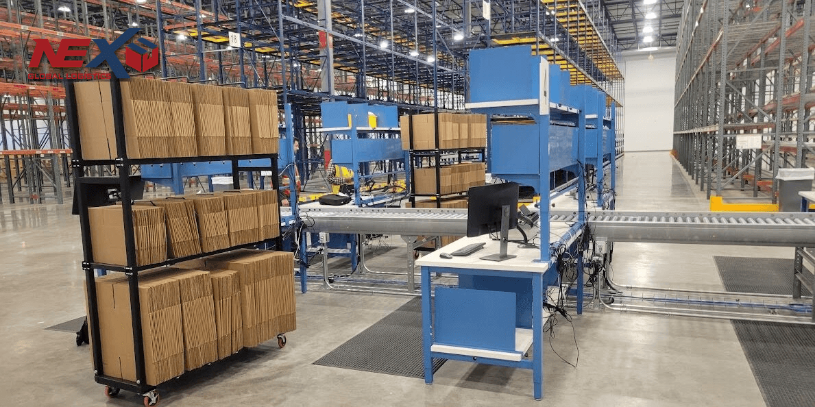 Khu vực phân loại và xử lý đơn hàng tại kho Nexo